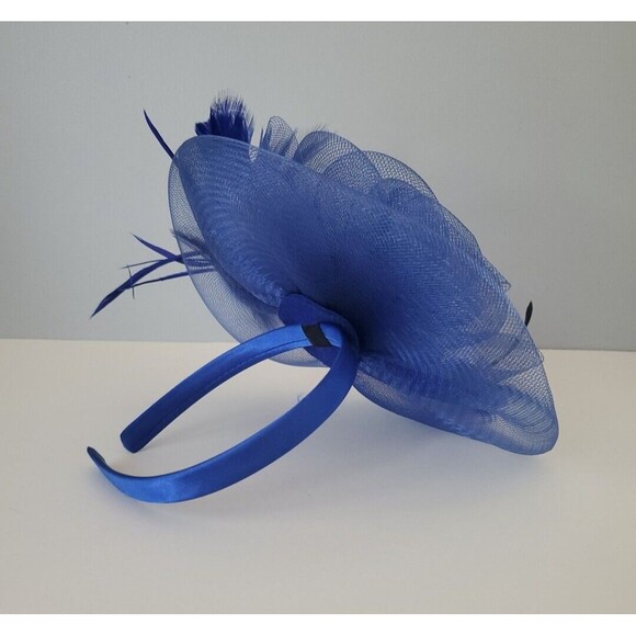 Blue Fascinator Floral Feather Mesh Headband Church Cocktail Wedding Derby Hat - Picture 9 of 10